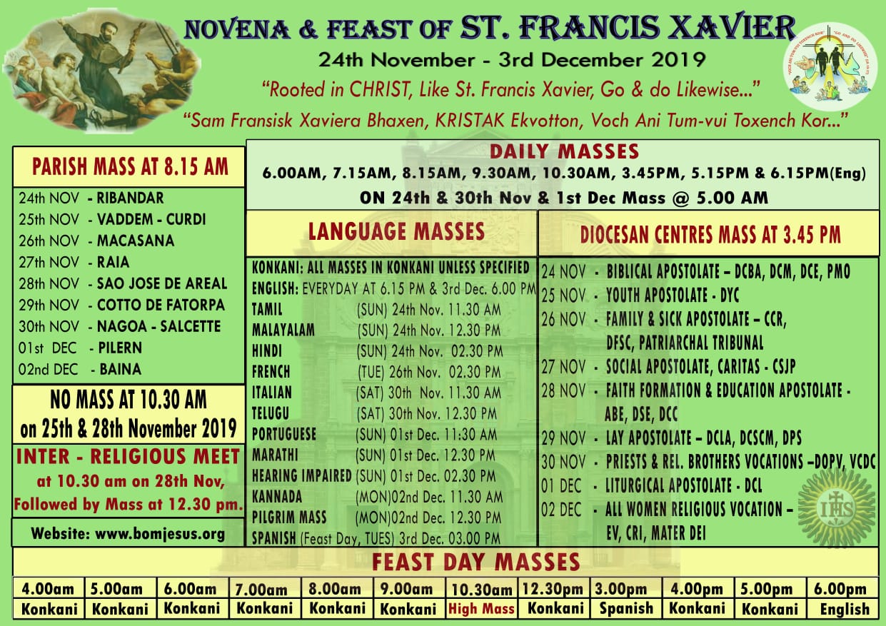 Schedule for Novena and Feast of St Francis Xavier