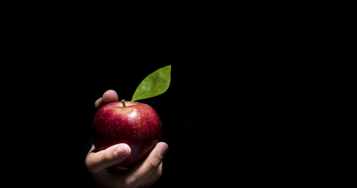 Temptation: Hand offering an apple.